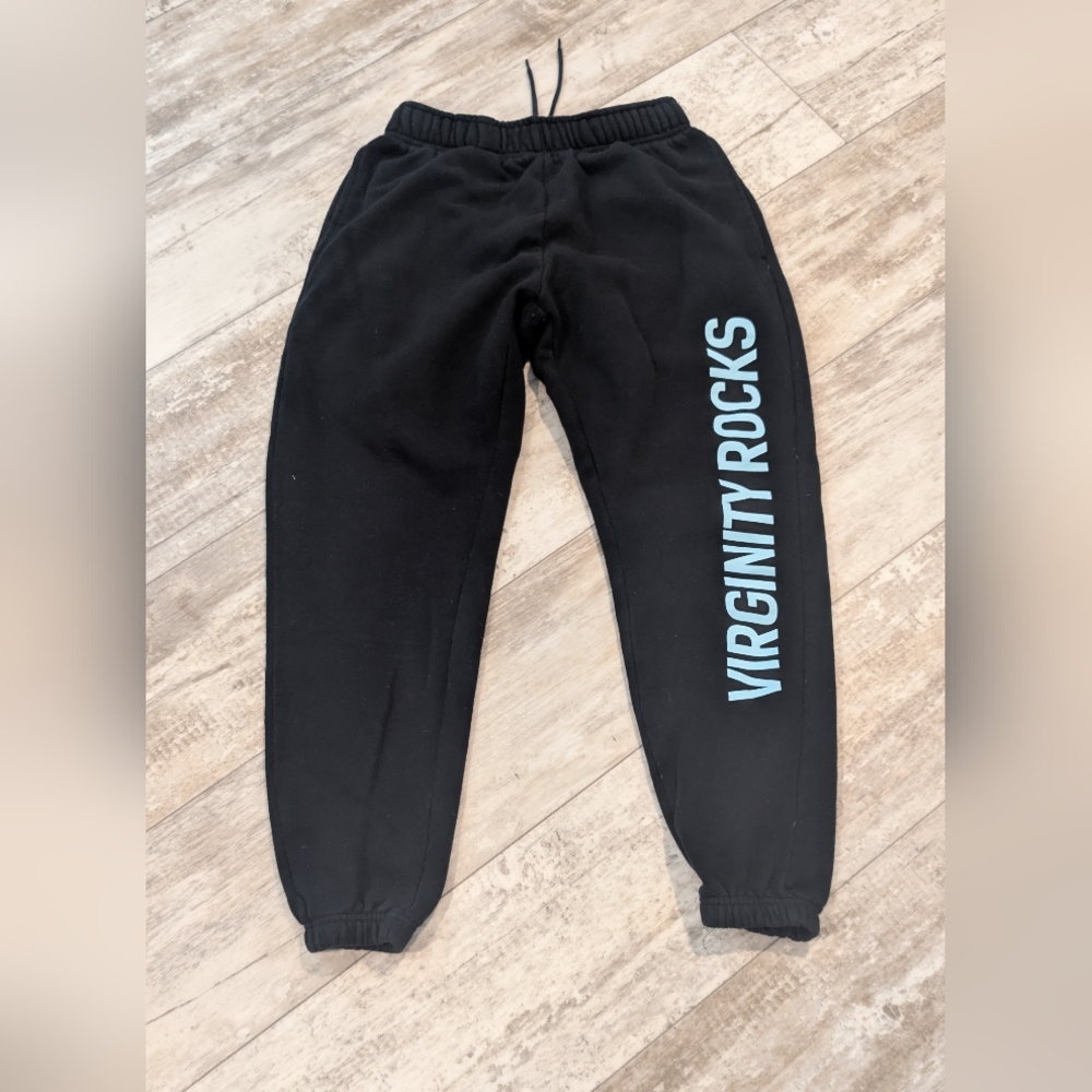 Black Womens Sweatpants with Light Blue 'VIRGINITY ROCKS' Graphic